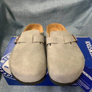 Birkenstock Boston taupe suede mule clogs